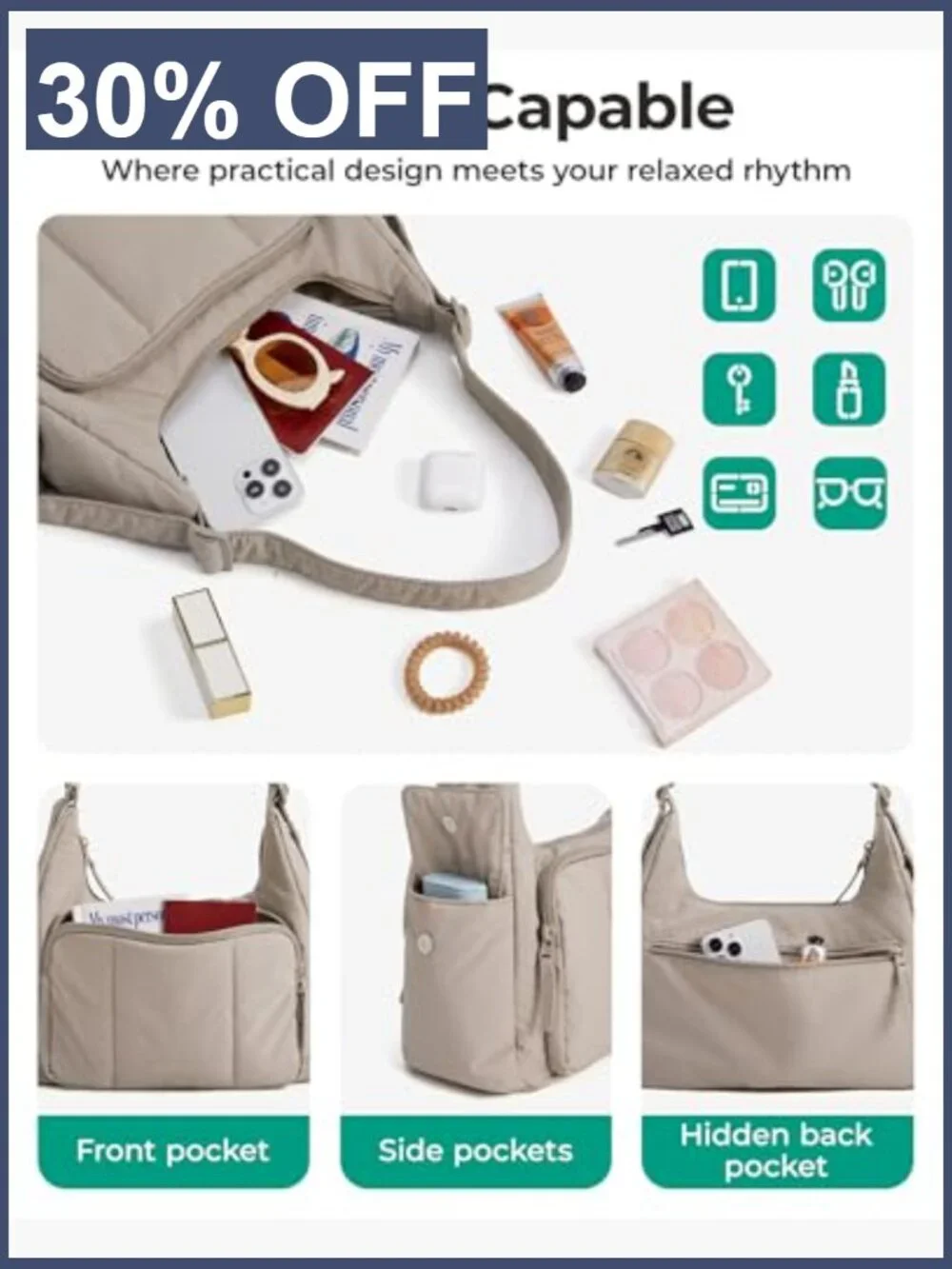 Puffer Crossbody Hobo Bag Fits iPad Wallet Phone Water-Resistant Adjustable
